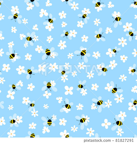 Seamless pattern with bees and flowers on color background. Small wasp. Vector illustration. Adorable cartoon character. Template design for invitation, cards, textile, fabric. Doodle style 81827291
