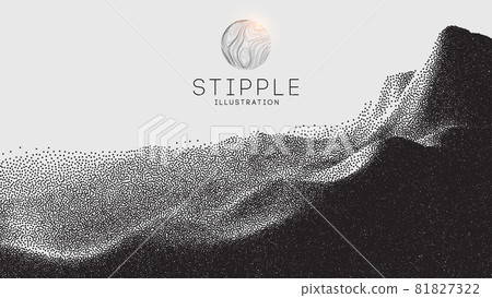Vector landscape of mountain in dotwork style. Stipple illustration design. Old retro dot texture vintage gradient. Pointillism graphic. Grain terrain wallpaper. Vector landscape of mountain in dotwork style. Stipple illustration design. Old retro dot texture vintage gradient. Pointillism graphic. Grain terrain wallpaper. 81827322