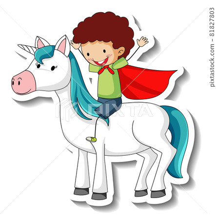 Cute stickers with a hero boy riding a unicorn cartoon character Cute stickers with a hero boy riding a unicorn cartoon character 81827803