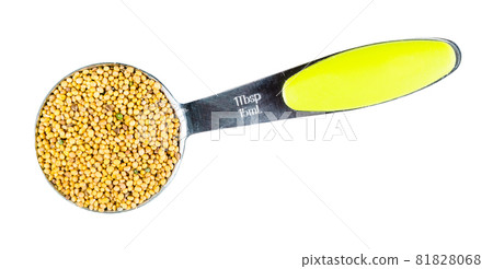 top view of yellow seeds of White Mustard (Sinapis Alba) in measuring tablespoon cutout on white background 81828068