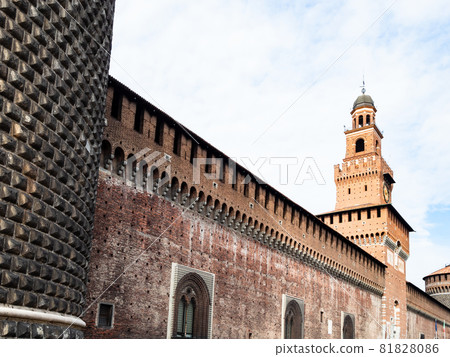 Travel to Italy - view of defence wall of Castello Sforzesco (Sforza Castle) with tower Torre del Filarete from Torrione di Santo Spirito tower in Milan city, Lombardy 81828086