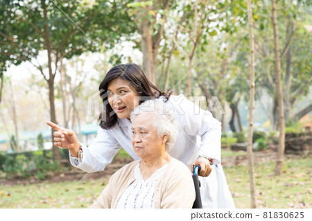 Doctor help and care Asian senior woman lady sitting on wheelchair in park. 81830625