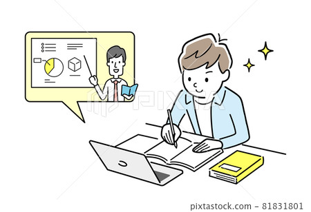 Vector illustration material: Boy taking remote lessons using a computer Vector illustration material: Boy taking remote lessons using a computer 81831801