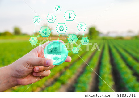 Holding a globe with innovations on farm field background. Use of innovative technologies in agriculture. Internet of Things and industry digitalization. Agroindustry and agribusiness. Agriculture 81833311