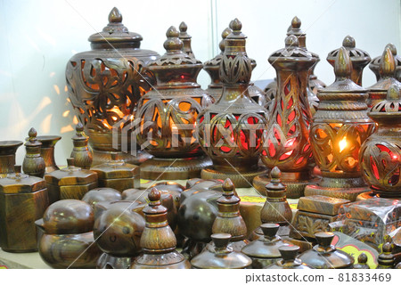 PERAK, MALAYSIA -JULY 9, 2016: Traditional Malay water storage containers or Labu Sayong It is made of clay that has been in the process with a variety of attractive colors and patterns. PERAK, MALAYSIA -JULY 9, 2016: Traditional Malay water storage containers or Labu Sayong It is made of clay that has been in the process with a variety of attractive colors and patterns. 81833469