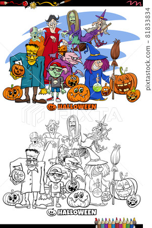 cartoon Halloween characters group coloring book page cartoon Halloween characters group coloring book page 81833834