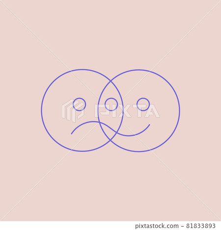 A sad and joy emoji face. The concept of bipolar personality disorder, psychological diseases. Good for banner, poster, social media, album cover or book. Vector illustration line art. Eps 10. 81833893