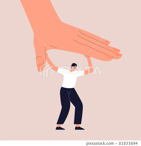 A strong man fight with a huge hand that tries to crush her. The concept of social pressure, psychological diseases and health. Vector illustration in flat style. Eps 10. A strong man fight with a huge hand that tries to crush her. The concept of social pressure, psychological diseases and health. Vector illustration in flat style. Eps 10. 81833894