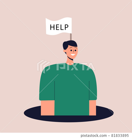 Frustrated man is drowning in psychological problems. A flag with the inscription help. The concept of mental disorders, depression. Vector illustration in flat style. Eps 10. 81833895