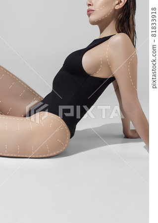 Beautiful young woman isolated on light background. Caring for women's health, body treatment, sport and natural beauty concept. Collage Beautiful young woman isolated on light background. Caring for women's health, body treatment, sport and natural beauty concept. Collage 81833918