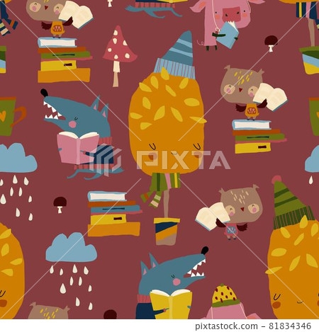 Seamless Pattern of Cute Animals reading Books in Autumn Forest 81834346
