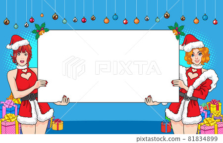 Twin pretty santa woman stand showing with empty space banner Twin pretty santa woman stand showing with empty space banner 81834899