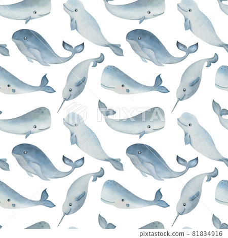 Watercolor seamless pattern with Arctic animals and on the white background. Whale, cachalot, narwhal and beluga. Funny kids illustration. Ideal for children's textile, wrapping, and other designs. Watercolor seamless pattern with Arctic animals and on the white background. Whale, cachalot, narwhal and beluga. Funny kids illustration. Ideal for children's textile, wrapping, and other designs. 81834916