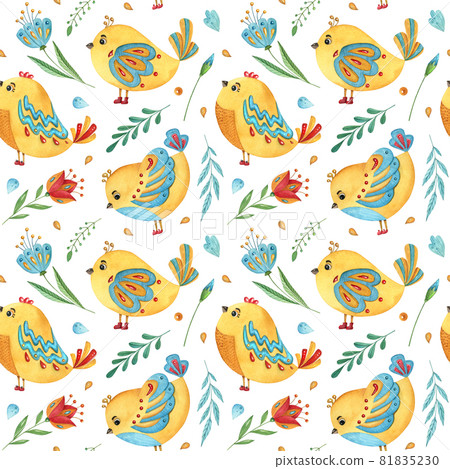 Watercolor seamless pattern with birds, leaves... - Stock Illustration ...