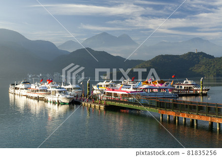 The scenery of yachts Marina at Sun Moon Lake in the morning, the famous attraction in Nantou, Taiwan. 81835256