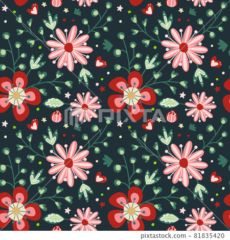 Vector floral seamless pattern in doodle style on the dark backgroun. Flower illustration with branches and leaves. Background for wallpaper, textile, greeting cards, invitations, prints. 81835420