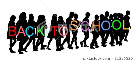 Kids going to school together vector silhouette illustration. Back to School happy boys and girls. School excursion, hold hand friends. Children crowds group. Little brother and sister crossing street Kids going to school together vector silhouette illustration. Back to School happy boys and girls. School excursion, hold hand friends. Children crowds group. Little brother and sister crossing street 81835520