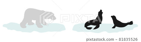 Polar bear hunting seal couple on iceberg silhouette. Sea lion on block of ice vector silhouette illustration isolated on white background. Polar animals family in danger. Cold winter environment. 81835526