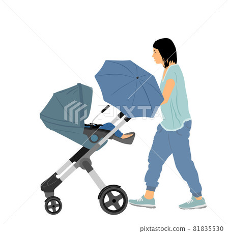 Mom and baby in pram walking vector illustration isolated on white. Happy family enjoy outdoor. Mother love little child. Young woman with little son or daughter in stroller.  Babysitter with trolley. 81835530