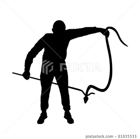 Brave man catching snake with stick vector silhouette illustration isolated on white background. Poison snake control. Deadly venom snake serpent catch for medicine pharmacy. Removal danger intruder. 81835533