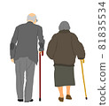 Grandmother and grandfather couple walking with stick together vector illustration isolated. Old woman and old man family life. Mature senior people in love. Active healthy grandparents with crutches. 81835534