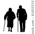 Grandmother and grandfather couple walking with stick together vector silhouette isolated. Old woman and old man family life. Mature senior people in love. Active healthy grandparents with crutches. 81835535