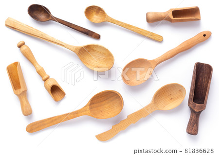 Empty wooden spoon and scoop isolated at white background. Wood kitchen tool 81836628