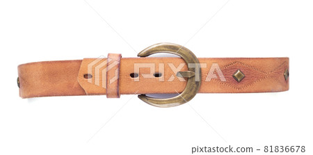 Brown leather belt isolated at white background. Old shabby belt with buckle 81836678
