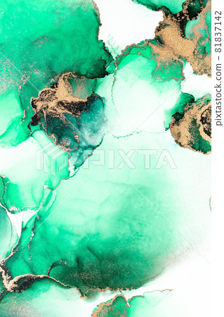 Green gold abstract background of marble liquid ink art painting on paper . 81837142