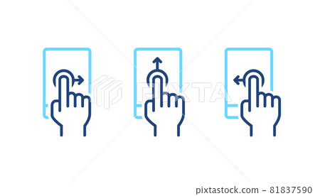 Set of up, right, left phone swipe gestures. Mobile screen with hand blue line icons. UI control web elements. Set of up, right, left phone swipe gestures. Mobile screen with hand blue line icons. UI control web elements. 81837590