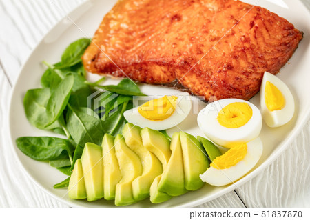baked salmon fillet with eggs , spinach, avocado baked salmon fillet with eggs , spinach, avocado 81837870