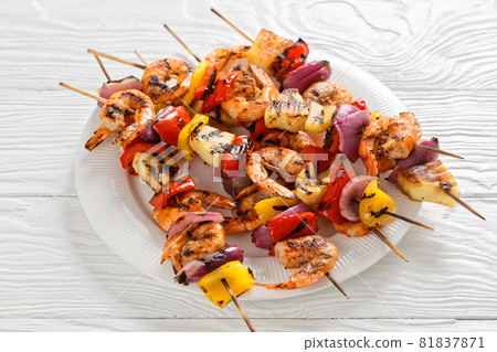 Shrimp Kabobs with charred veggies and pineapple 81837871