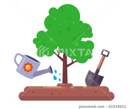 plant a tree in nature. shovel and watering can for the garden. water plants. 81839932