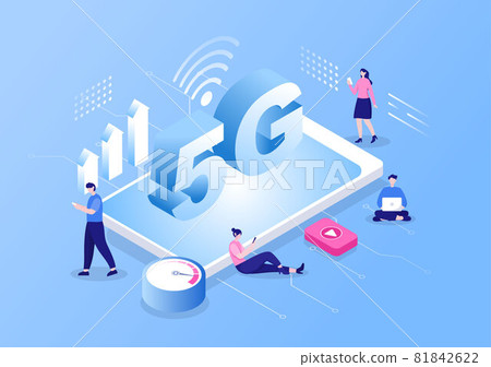 5G Network Wireless Technology Smartphone with Transmitter Tower Set Up High-Speed Mobile Internet for Communication and Gadgets. Background Vector Illustration 81842622