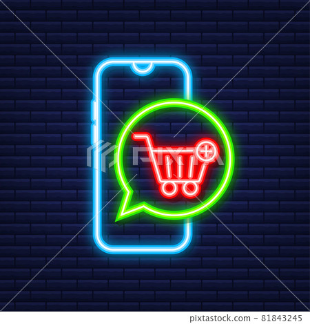 Add to cart icon. Neon icon. Shopping Cart icon. Vector illustration. 81843245