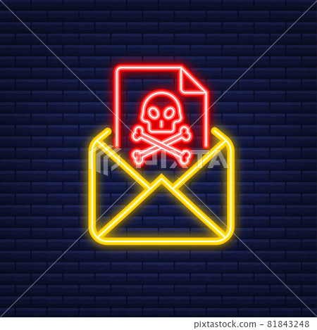 Email virus. Neon icon. Computer screen. virus, piracy, hacking and security, protection. Vector stock illustration. 81843248