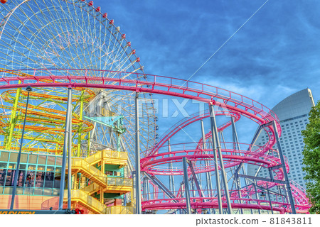 Yokohama Minatomirai cityscape Ferris wheel and roller coaster 81843811