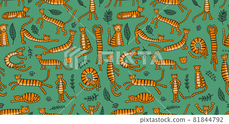 Collection of tigers and tropical leaves. Seamless Pattern for your design Collection of tigers and tropical leaves. Seamless Pattern for your design 81844792