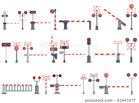 Railway crossing icons set cartoon vector. Railroad signal 81847477