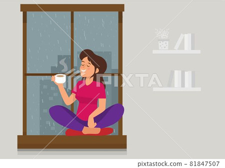 Vector illustration of a girl drinking tea/coffee near the window while it's raining outside. Flat style cartoon illustration vector Vector illustration of a girl drinking tea/coffee near the window while it's raining outside. Flat style cartoon illustration vector 81847507