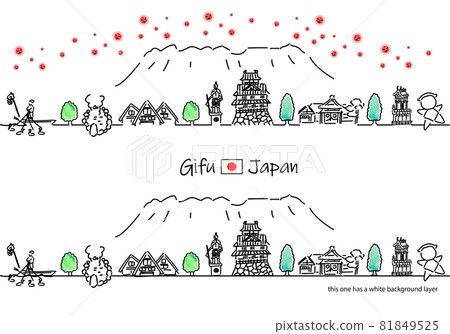 岐阜縣旅遊景點街景與新型冠狀病毒的簡單線條畫集 81849525