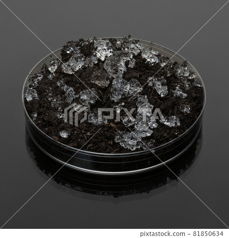 hydro-gel swollen with water, jelly in the soil in the glass on a dark surface 81850634