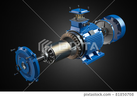 Electric motor parts and structure  on black background. 81850708