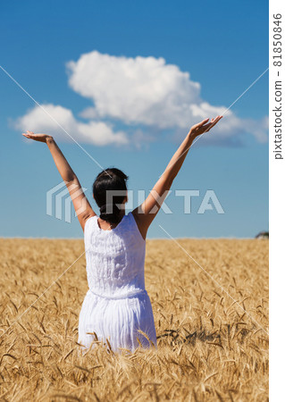 woman in a ripe golden wheat field hugging nature, blue sky with clouds woman in a ripe golden wheat field hugging nature, blue sky with clouds 81850846