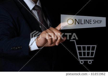 Businessman touching online shop button. e-commerce business online concept. Businessman touching online shop button. e-commerce business online concept. 81851962