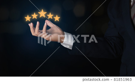 Business man showing five star rating. Service rating, satisfaction concept. Business man showing five star rating. Service rating, satisfaction concept. 81851963