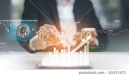 Digital graph with Bitcoin chart on-screen among piles of Bitcoin concept. businessman touch on BUY and SELL buttons. Bitcoin on the stock market, Cryptocurrency, and finance. Digital graph with Bitcoin chart on-screen among piles of Bitcoin concept. businessman touch on BUY and SELL buttons. Bitcoin on the stock market, Cryptocurrency, and finance. 81851972