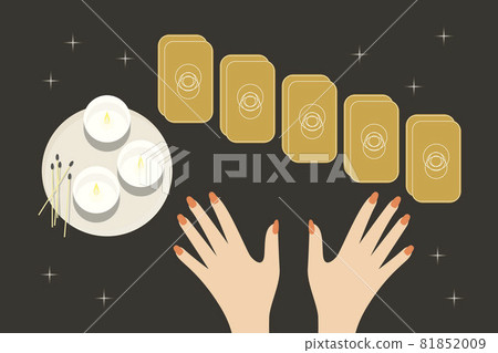 Divination by tarot cards, candles, star. Fortunetellers hands, manicure. Fortune telling table. Divination by tarot cards, candles, star. Fortunetellers hands, manicure. Fortune telling table. 81852009
