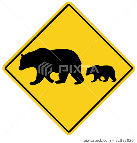 Bear Crossing on white background. yellow road sign attention animal bear sign. Bear warning symbol. flat style. 81852026