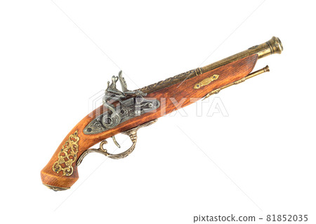 Old antique firearm with bronze inlay isolated on white background. Old antique firearm with bronze inlay isolated on white background. 81852035